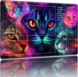 MTG Playmats for Magic The Gathering-Play Mat,Game Play Mat for MTG TCG 24" x 14" Board Game Card Game Trading Card Game Play Mat with Zones&Storage Bag,Mousepad Desk Mats,Colorful Cat