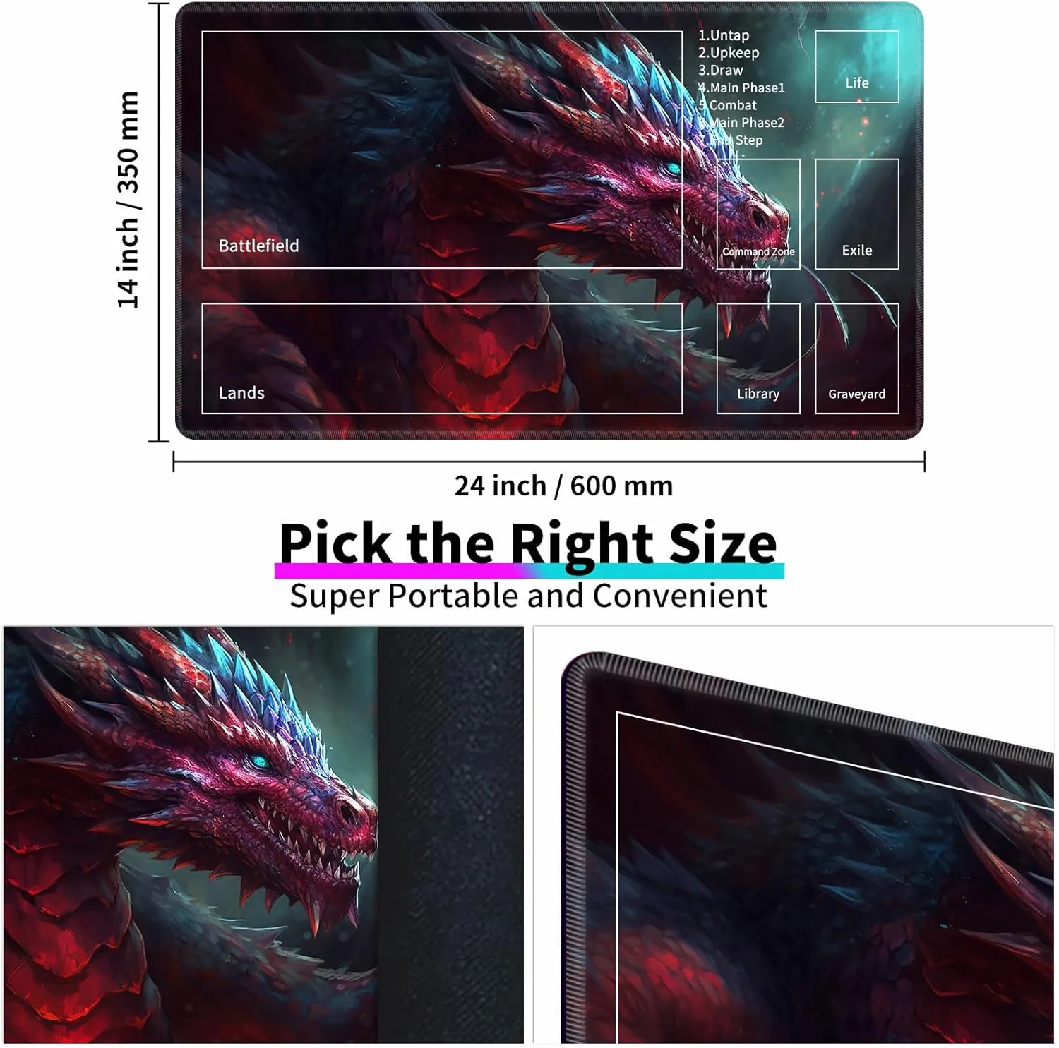 MTG Playmats for Magic The Gathering-Play Mat,Game Play Mat for MTG TCG 24" x 14" Board Game Card Game Trading Card Game Play Mat with Zones&Storage Bag,Mousepad Desk Mats,Cute Dragon