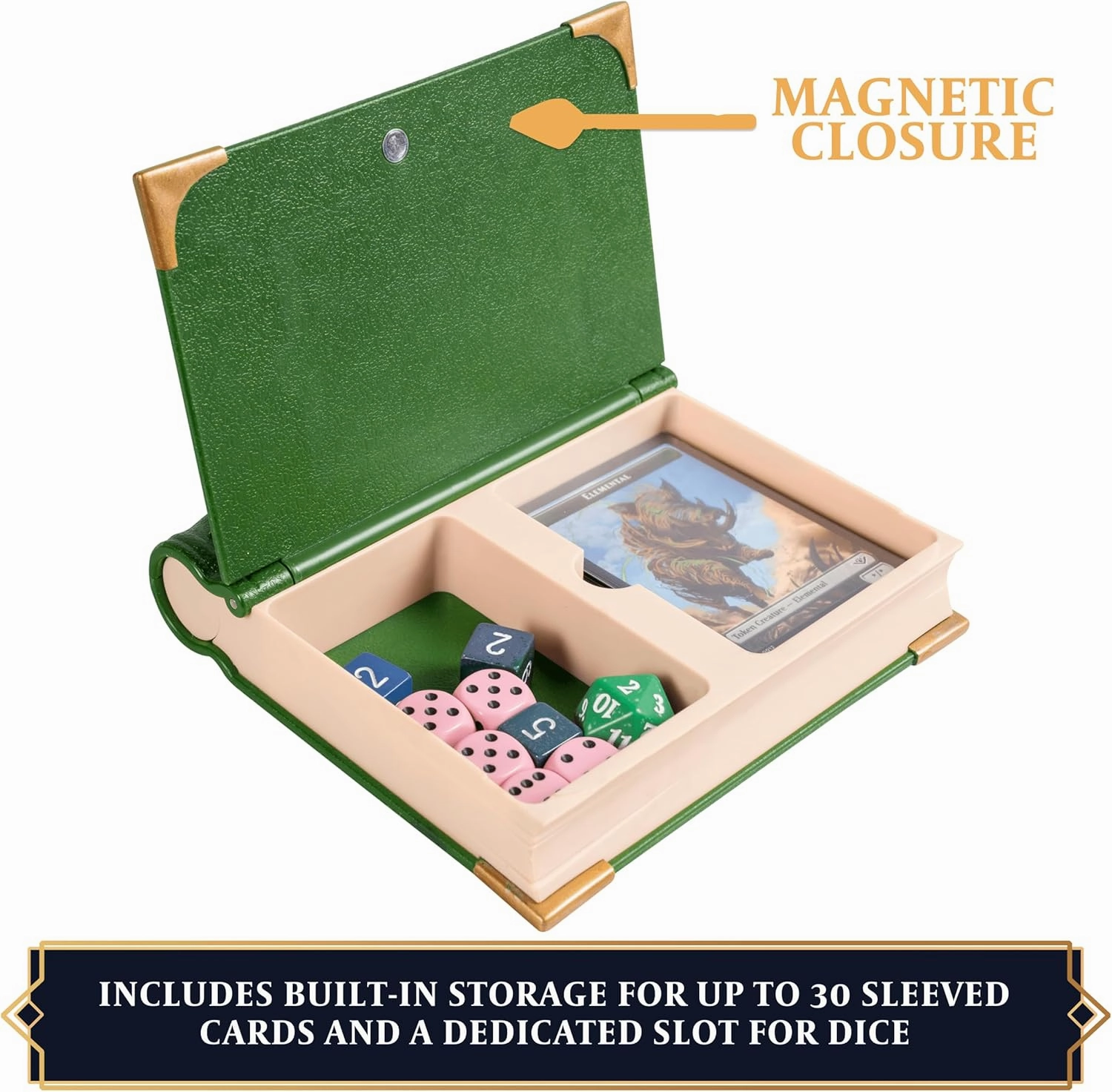 MTG Commander EDH Command Zone/Tray for Magic The Gathering -With Damage, Cast & Life Counters. Store your Commander Deck's Dice & Tokens inside (up to 30 Sleeved Cards)- MTG Accessories Gift. (Green)