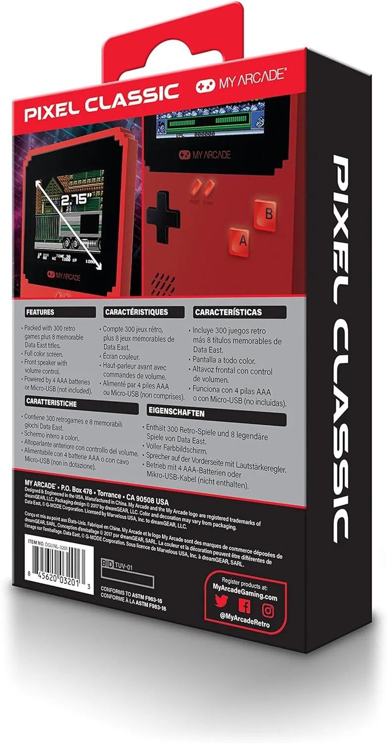 My Arcade Pixel Classic - Handheld Gaming System - 300 Retro Style Games Plus 8 Data East Classics - Lightweight Compact Size - Battery or Micro USB Powered - Full Color Display - Headphone Jack