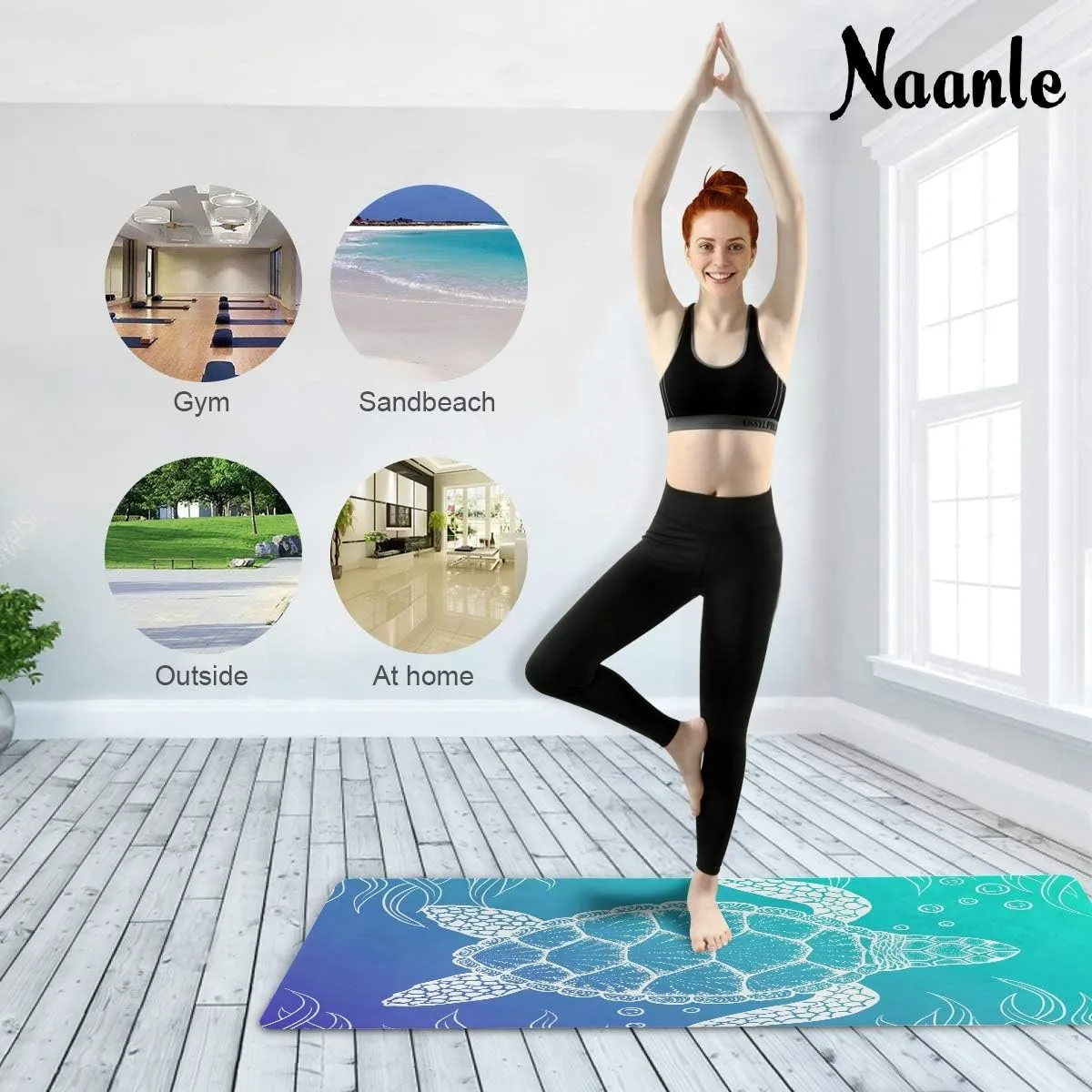 Naanle Sea Turtle Yoga Mat with Carrying Bag Set, Turtle Exercise Mat Foldable Non Slip Travel Lightweight Workout Rug for Home Gym Yoga Pilates Stretching Floor Fitness 71x26 in