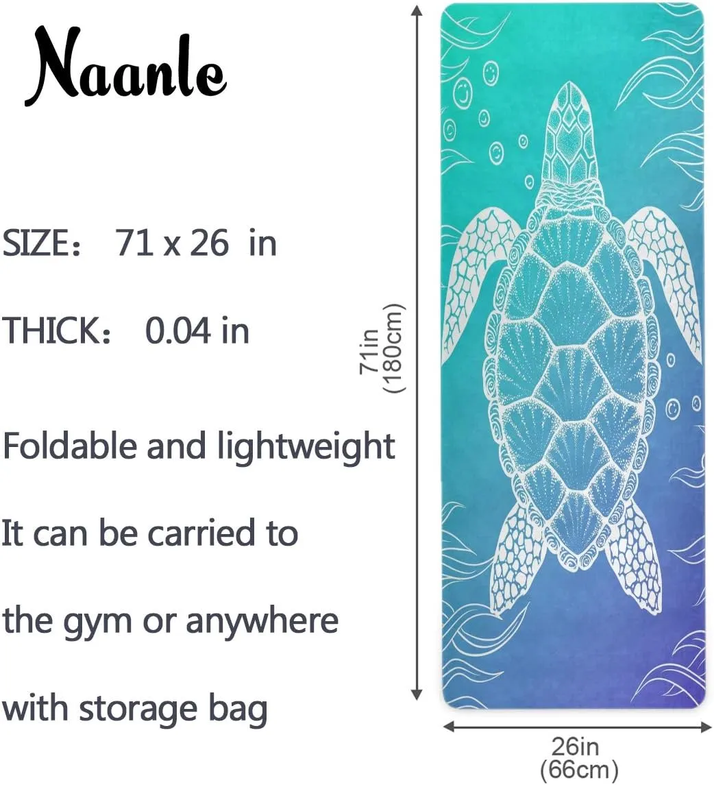 Naanle Sea Turtle Yoga Mat with Carrying Bag Set, Turtle Exercise Mat Foldable Non Slip Travel Lightweight Workout Rug for Home Gym Yoga Pilates Stretching Floor Fitness 71x26 in