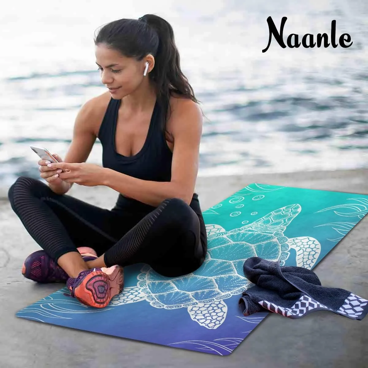 Naanle Sea Turtle Yoga Mat with Carrying Bag Set, Turtle Exercise Mat Foldable Non Slip Travel Lightweight Workout Rug for Home Gym Yoga Pilates Stretching Floor Fitness 71x26 in