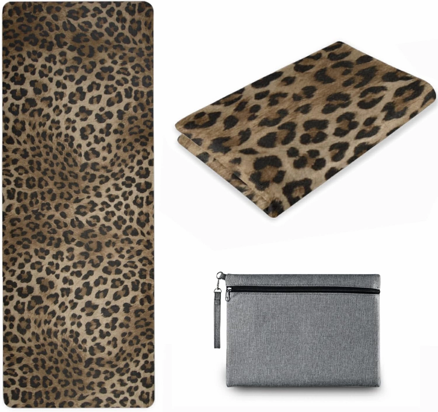 Naanle Leopard Yoga Mat with Carrying Bag Set, Leopard Print Exercise Mat Foldable Non Slip Travel Lightweight Workout Rug for Home Gym Yoga Pilates Stretching Floor Fitness 71x26 in