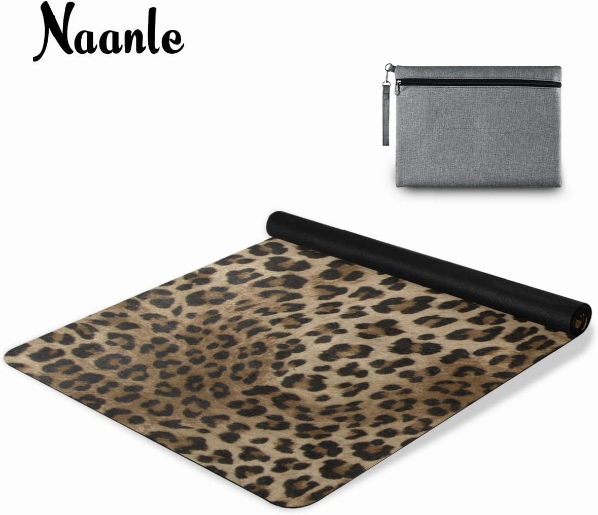 Naanle Leopard Yoga Mat with Carrying Bag Set, Leopard Print Exercise Mat Foldable Non Slip Travel Lightweight Workout Rug for Home Gym Yoga Pilates Stretching Floor Fitness 71x26 in