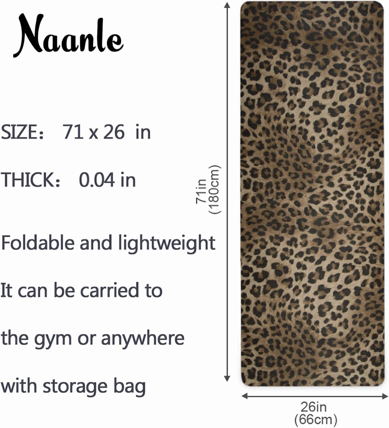 Naanle Leopard Yoga Mat with Carrying Bag Set, Leopard Print Exercise Mat Foldable Non Slip Travel Lightweight Workout Rug for Home Gym Yoga Pilates Stretching Floor Fitness 71x26 in
