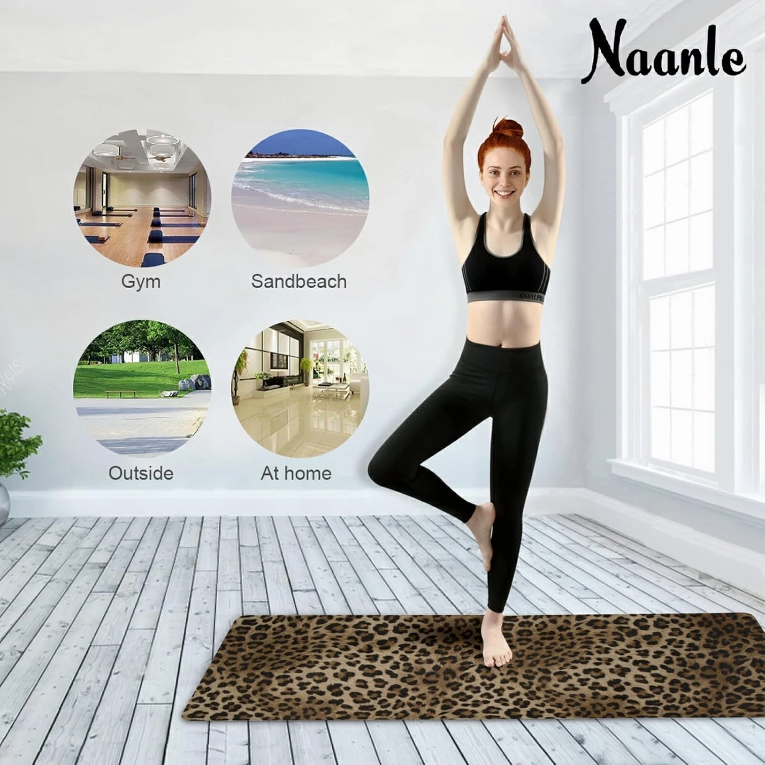 Naanle Leopard Yoga Mat with Carrying Bag Set, Leopard Print Exercise Mat Foldable Non Slip Travel Lightweight Workout Rug for Home Gym Yoga Pilates Stretching Floor Fitness 71x26 in