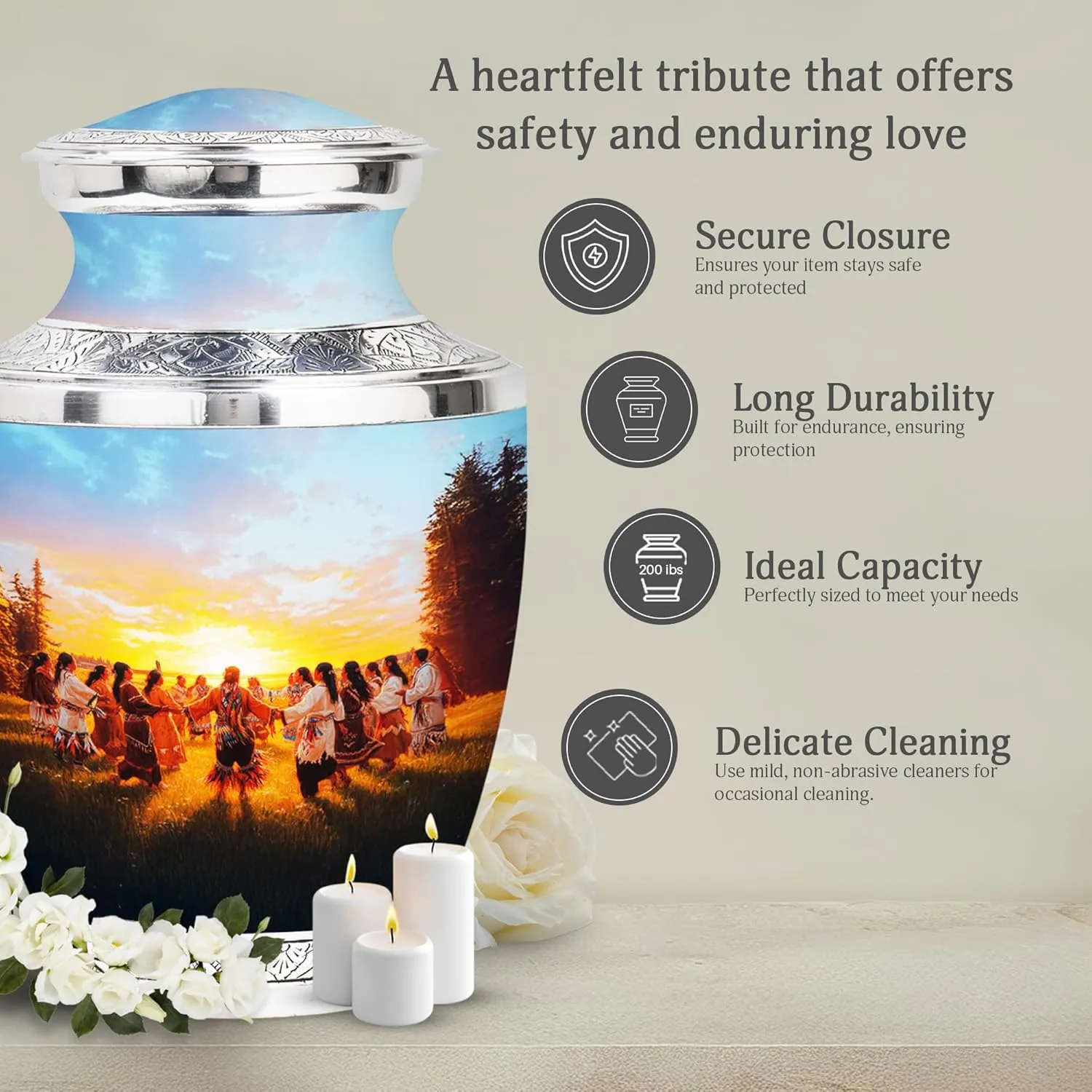 Native American Burial Urn - 10” Blue Cremation Urn for Adult Male & Female Ashes - Memory Box for Keepsakes & Pet Memorial (Velvet Bag Included)