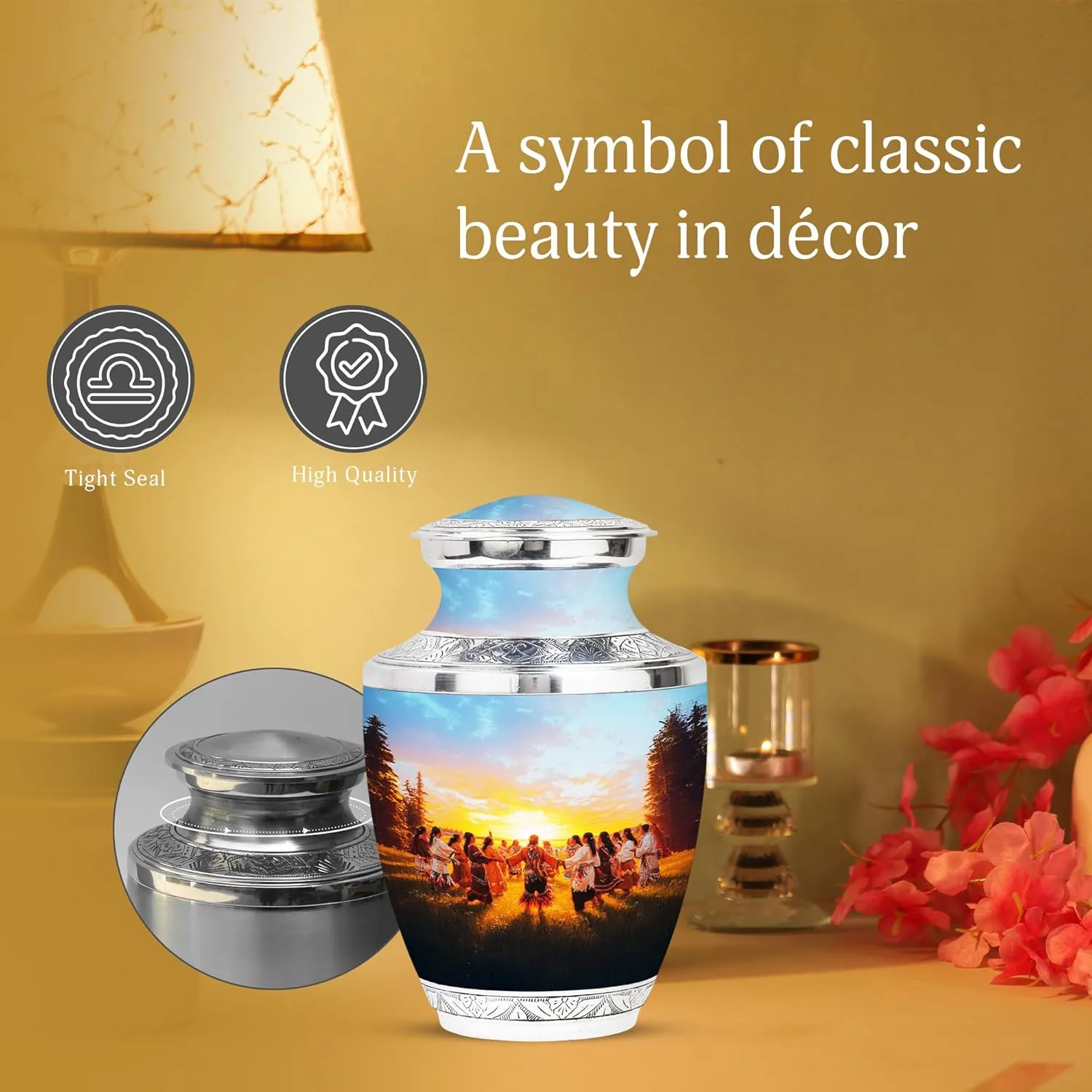 Native American Burial Urn - 10” Blue Cremation Urn for Adult Male & Female Ashes - Memory Box for Keepsakes & Pet Memorial (Velvet Bag Included)
