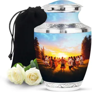 Native American Burial Urn - 10” Blue Cremation Urn for Adult Male & Female Ashes - Memory Box for Keepsakes & Pet Memorial (Velvet Bag Included)