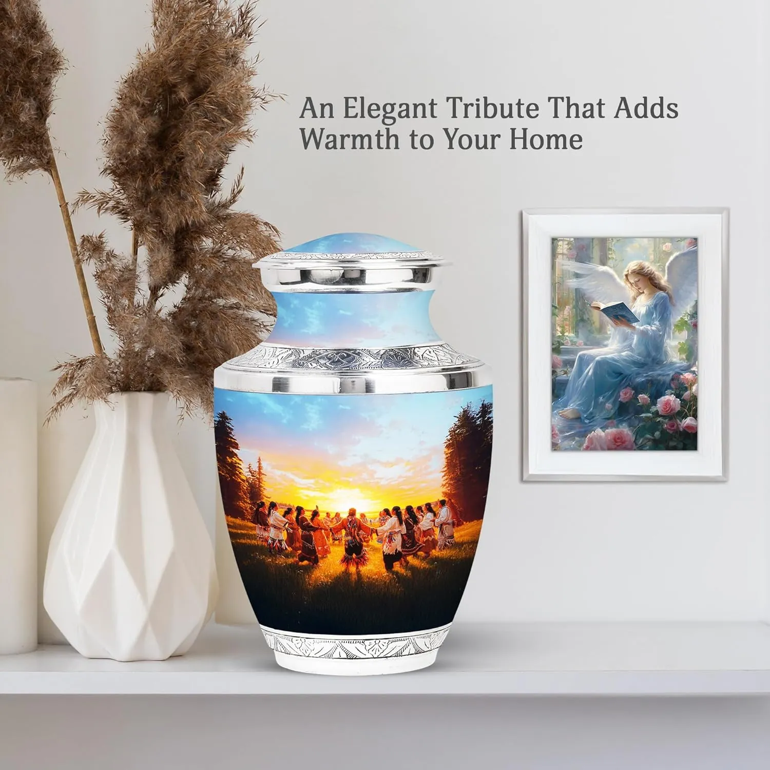 Native American Burial Urn - 10” Blue Cremation Urn for Adult Male & Female Ashes - Memory Box for Keepsakes & Pet Memorial (Velvet Bag Included)