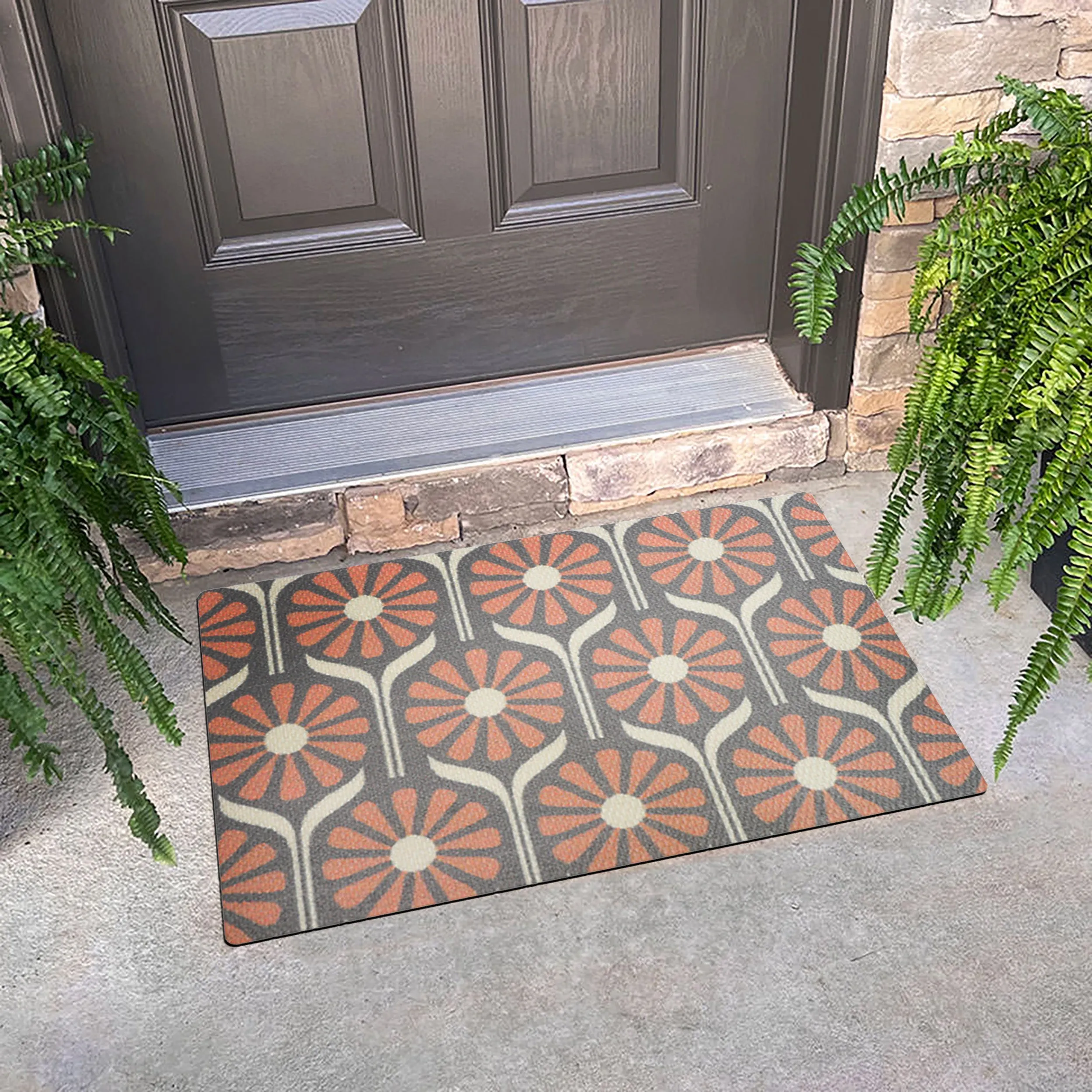 Neighburly Retro Daisies Doormat ,Pink/Grey Double Door