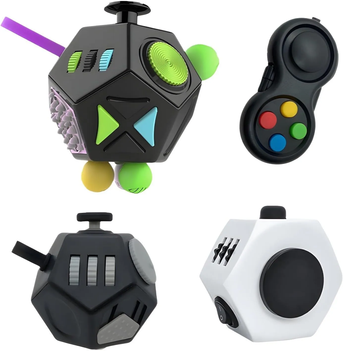 New Fidget Toy Cube 4 Pack Creative Rotating Cube and 12-Sided Mini Cube Relieves Stress and Anxiety Anti Depression Focus Travel Toy Cube For Children and Adults Stocking Christmas Idea Stuffer Gifts