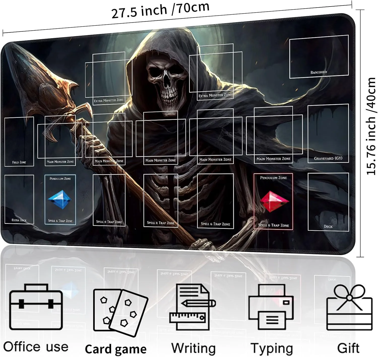 New Qindaiwen playmat with Zones, Size 27.5x15.7 Inch Game Mats, The Wolf TCG CCG OCG Trading Card Game Mat, Master Rule Duel Field Zones, Grim Reaper