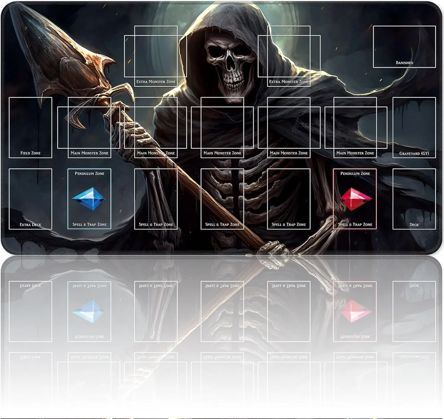 New Qindaiwen playmat with Zones, Size 27.5x15.7 Inch Game Mats, The Wolf TCG CCG OCG Trading Card Game Mat, Master Rule Duel Field Zones, Grim Reaper