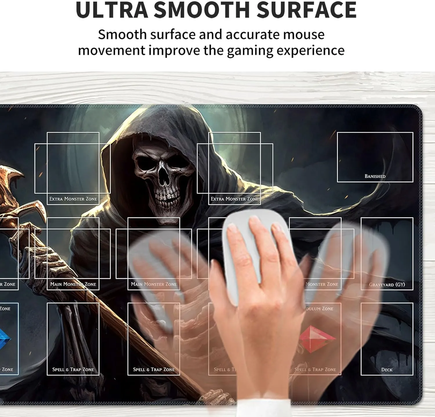 New Qindaiwen playmat with Zones, Size 27.5x15.7 Inch Game Mats, The Wolf TCG CCG OCG Trading Card Game Mat, Master Rule Duel Field Zones, Grim Reaper
