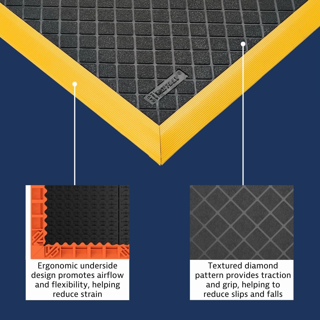 NoTrax Safety Stance® Natural Rubber Anti Fatigue Mat for Manufacturing Assembly Lines, 26" x 40" x 7/8" Industrial Floor Mats, Anti Slip, Beveled Edges, Black with Orange Border, 649S2640OB