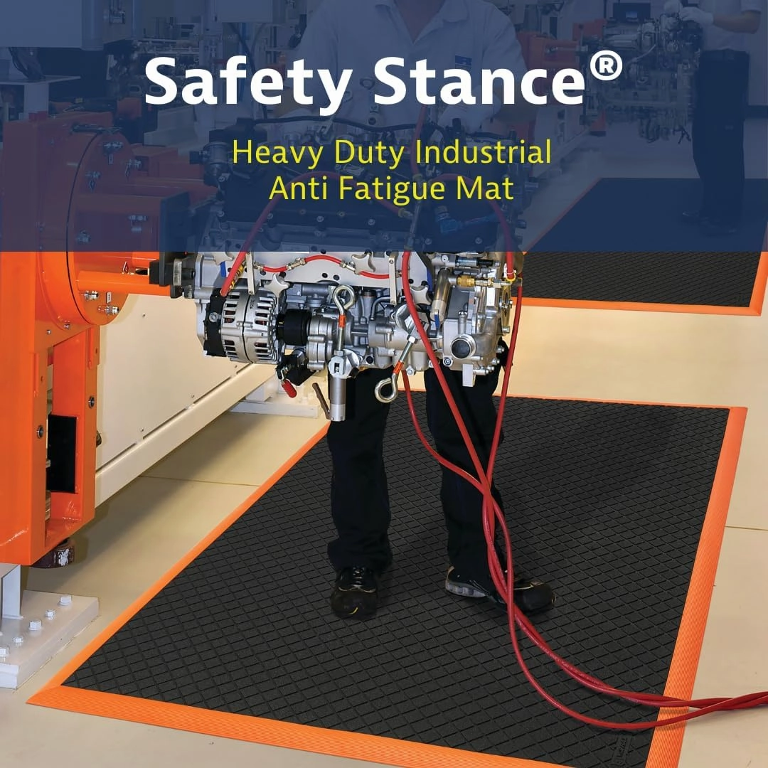 NoTrax Safety Stance® Natural Rubber Anti Fatigue Mat for Manufacturing Assembly Lines, 26" x 40" x 7/8" Industrial Floor Mats, Anti Slip, Beveled Edges, Black with Orange Border, 649S2640OB
