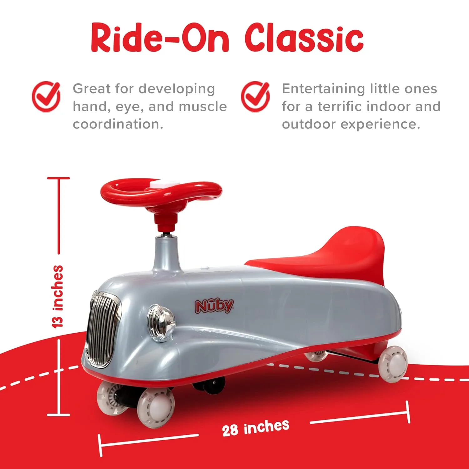 Nuby Twist N Ride Classic Ride on Cars - Riding Toys with Realistic Working Front & Back Lights - Fun Light Up Car Scooter with Music - Toddler Toys for 3 Years and Up - Red & Grey Toy Scooter Car