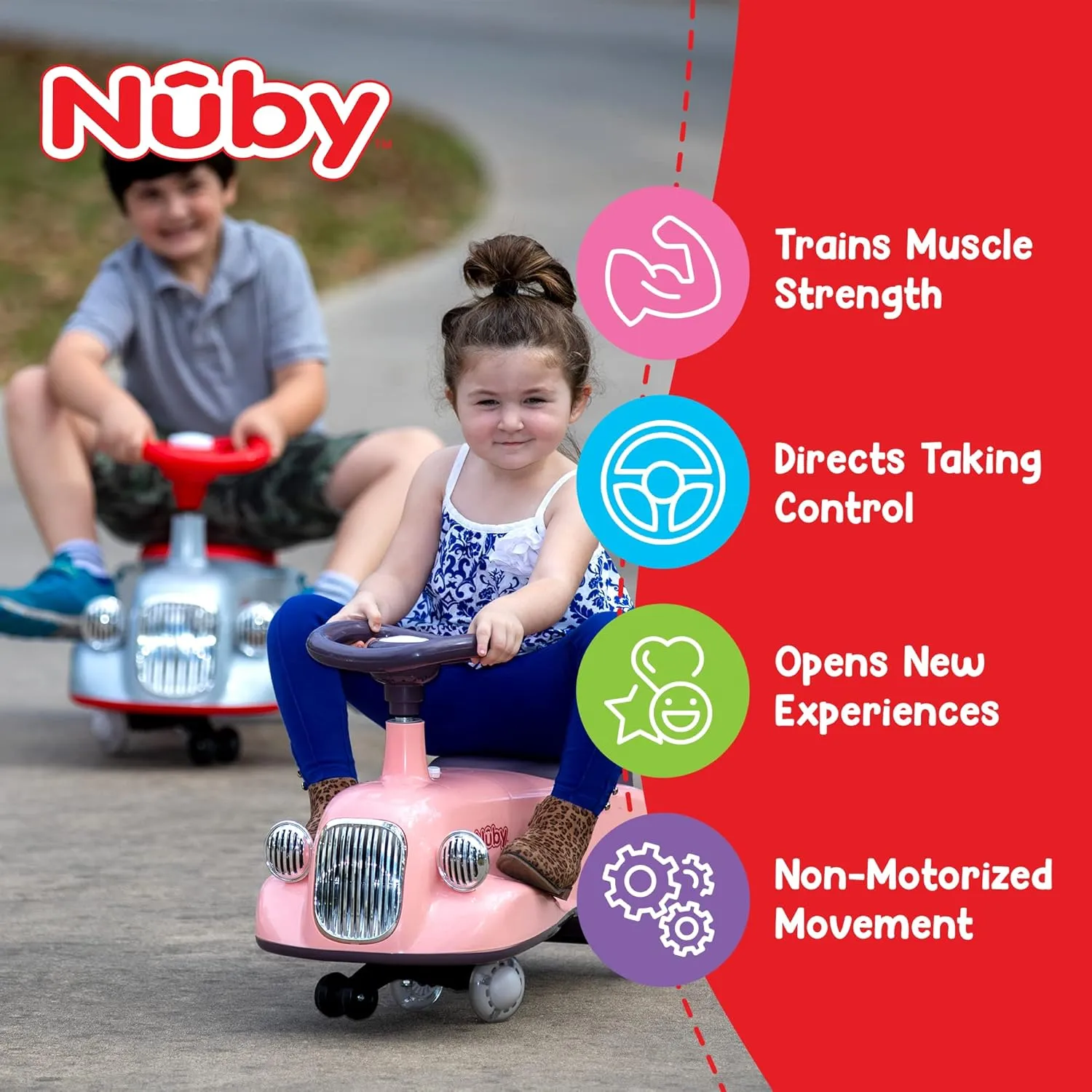 Nuby Twist N Ride Classic Ride on Cars - Riding Toys with Realistic Working Front & Back Lights - Fun Light Up Car Scooter with Music - Toddler Toys for 3 Years and Up - Red & Grey Toy Scooter Car