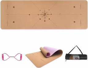 Numat Cork Yoga Mat 6mm (1/4 inch) Thick 72 x 24 in, Sweatproof NonSlip Eco-friendly, Lightweight TPE foam with Alignment Lines, Great for Hot Yoga, Pilates, Gym and Exercise, Black Carrying Bag w. Strap Included