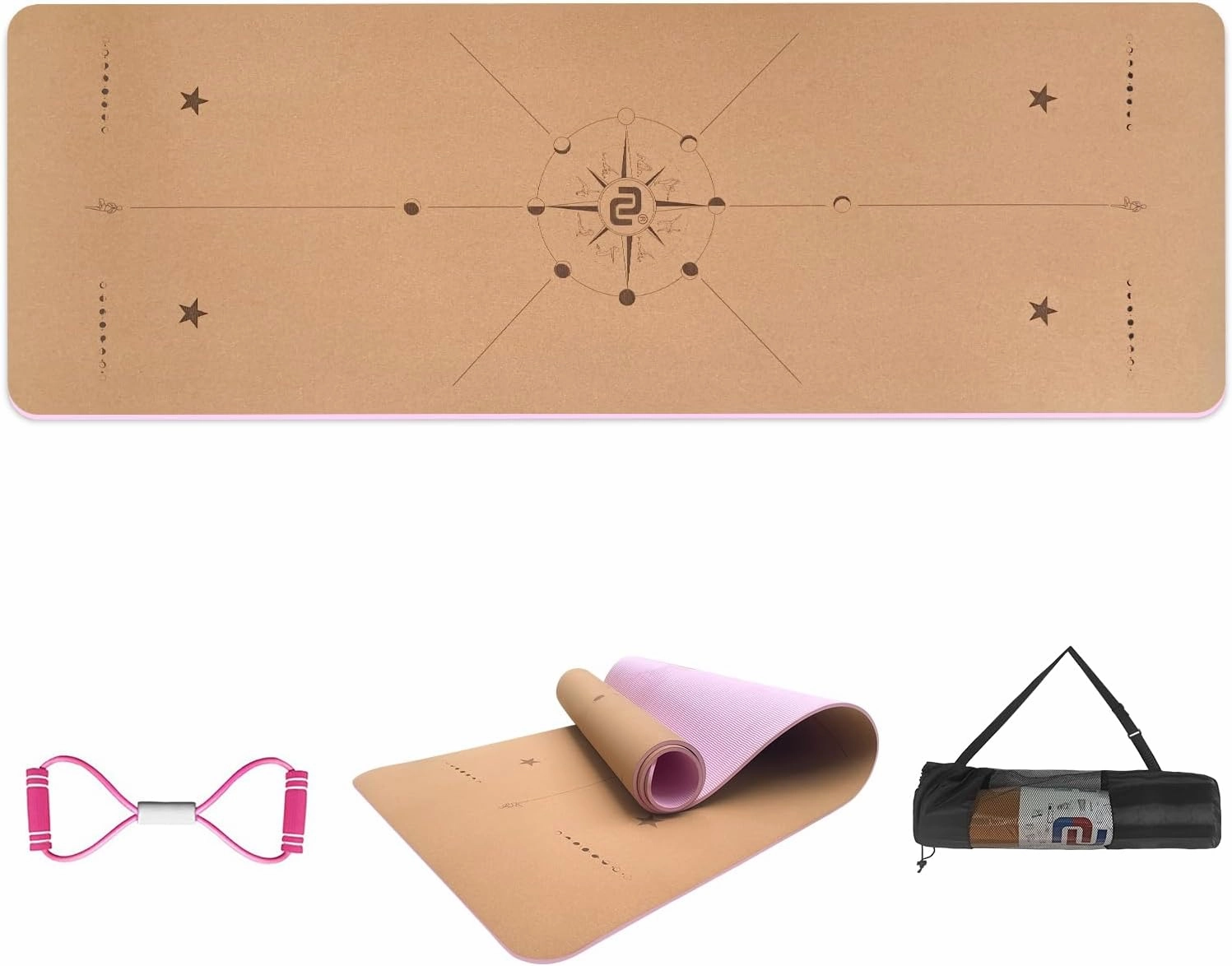 Numat Cork Yoga Mat 6mm (1/4 inch) Thick 72 x 24 in, Sweatproof NonSlip Eco-friendly, Lightweight TPE foam with Alignment Lines, Great for Hot Yoga, Pilates, Gym and Exercise, Black Carrying Bag w. Strap Included