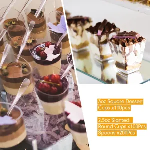 Nuogo 200 Pcs Mini Dessert Cups with Spoons Include 3 oz Square Plastic Appetizer Cups 2.5 oz Slanted Round Parfait Shooter Cup Small Clear Mousse Pudding Cup for Wedding Baby Shower Graduation Party