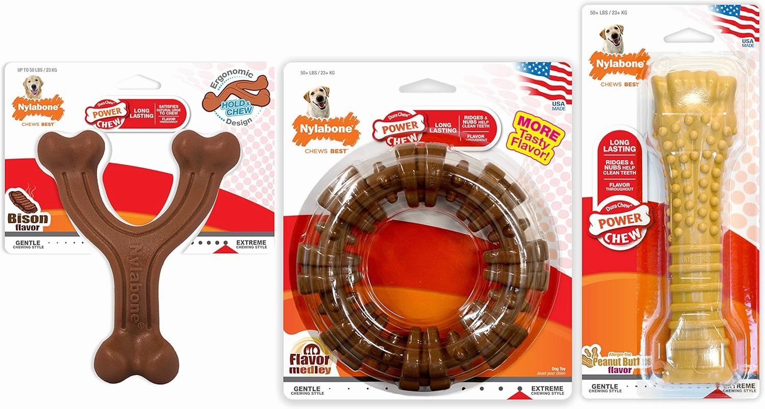 Nylabone Customer Favorites Power Chew Toy Bundle for Dogs, Indestructible Dog Toys for Aggressive Chewers, Pack of 3 Dog Toys, Flavor Medley, Large Dogs - Up to 50 lbs, 3 Pack