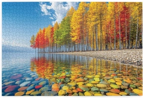 October Symphony Puzzles For Adults 1000 Pieces,Sun-Dappled Birch Trees With Rainbow Leaves Over Waters, Challenging Fall Landscape,Complete With Family And Friends,Stunning Artwork