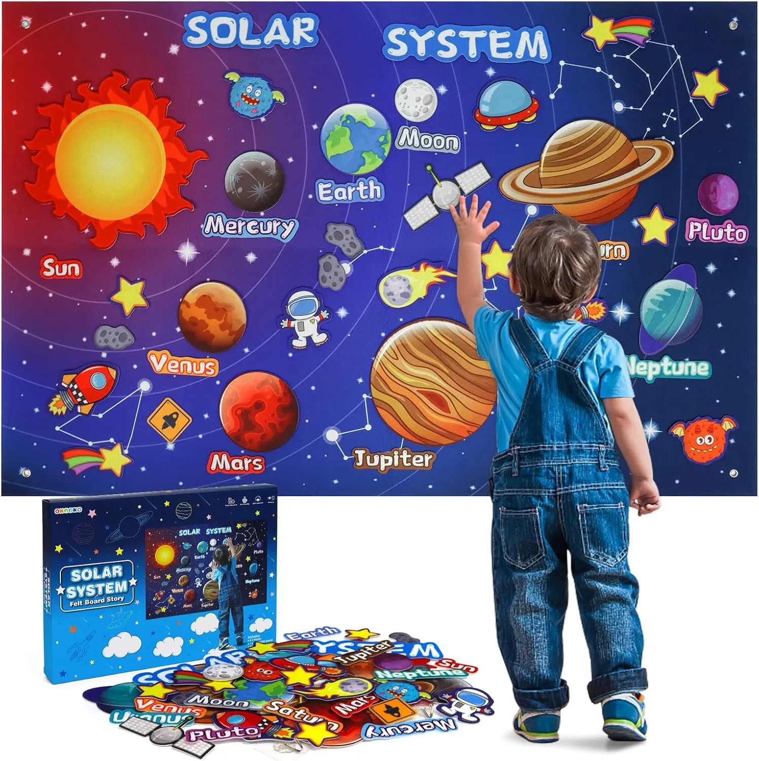 OKOOKO Solar System Felt Story Board Set 41PCS 43x29inch Outer Space Universe Storytelling with Hooks Astronaut Planets Galaxy Preschool Craft Early Learning Interactive Play Kit for Toddlers Kids