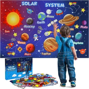 OKOOKO Solar System Felt Story Board Set 41PCS 43x29inch Outer Space Universe Storytelling with Hooks Astronaut Planets Galaxy Preschool Craft Early Learning Interactive Play Kit for Toddlers Kids