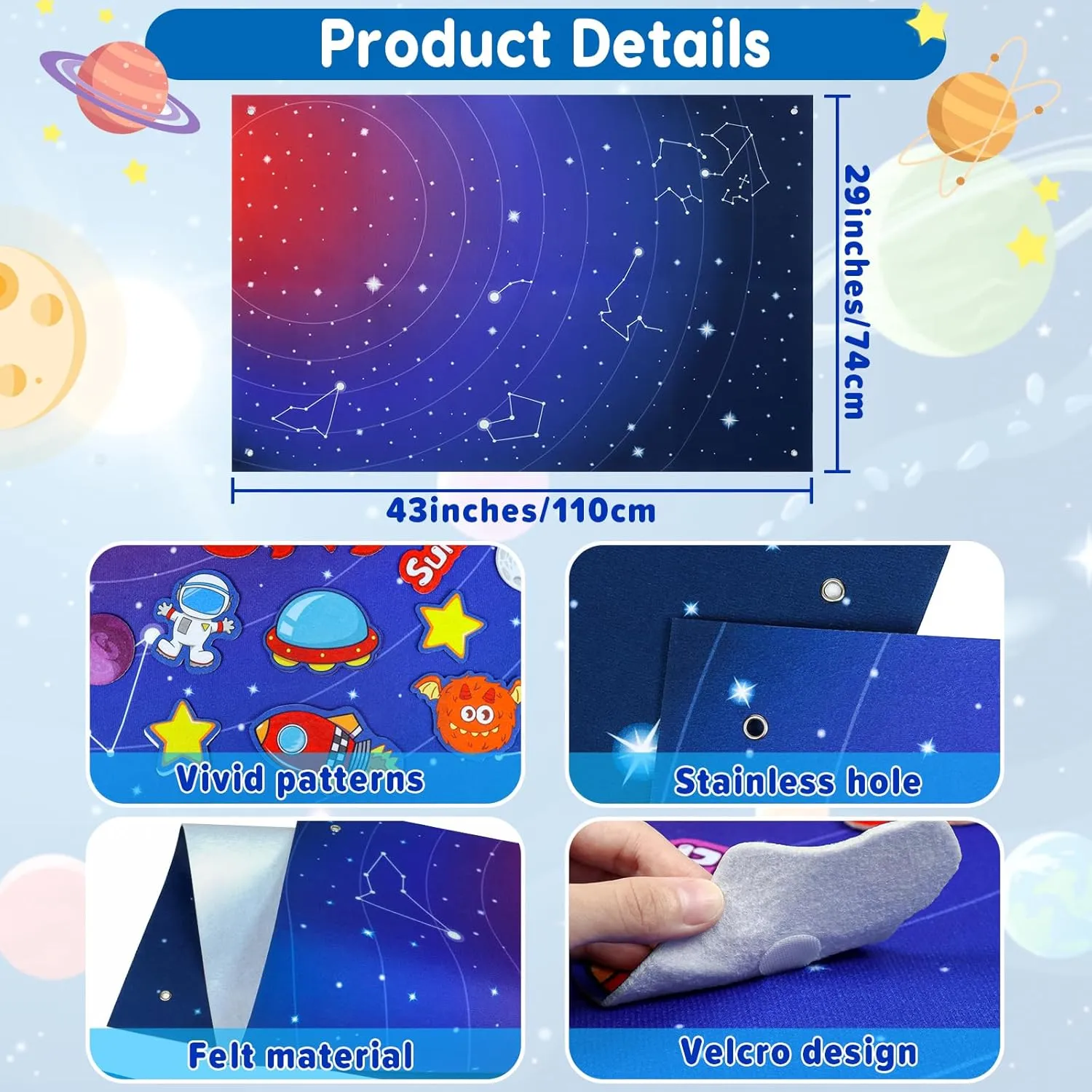 OKOOKO Solar System Felt Story Board Set 41PCS 43x29inch Outer Space Universe Storytelling with Hooks Astronaut Planets Galaxy Preschool Craft Early Learning Interactive Play Kit for Toddlers Kids
