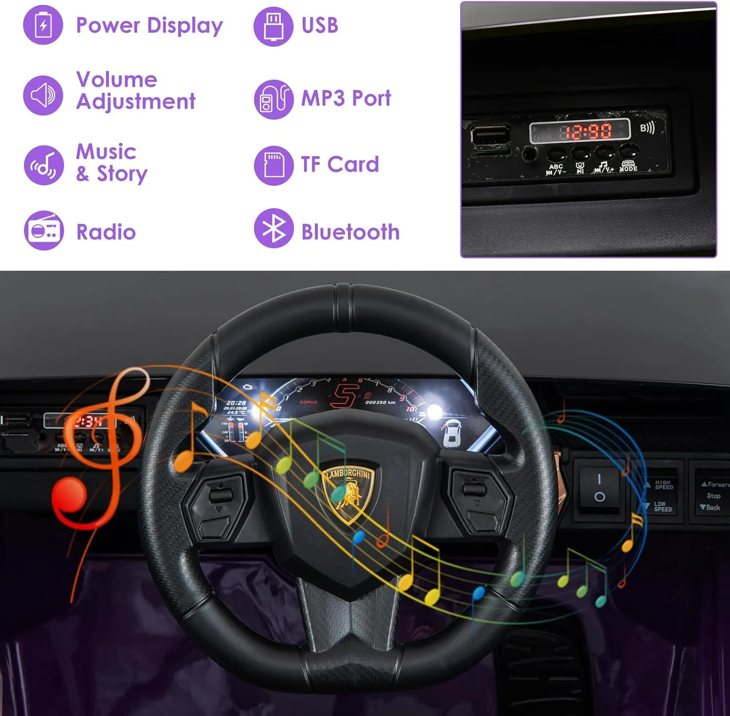 OLAKIDS Kids 12V Licensed Lamborghini SIAN Ride On Car, Electric Vehicle for Toddler with Control Remote, Battery Powered Toy with Music, Horn, 2 Speeds, Suspension, LED Lights, Bluetooth (Purple)