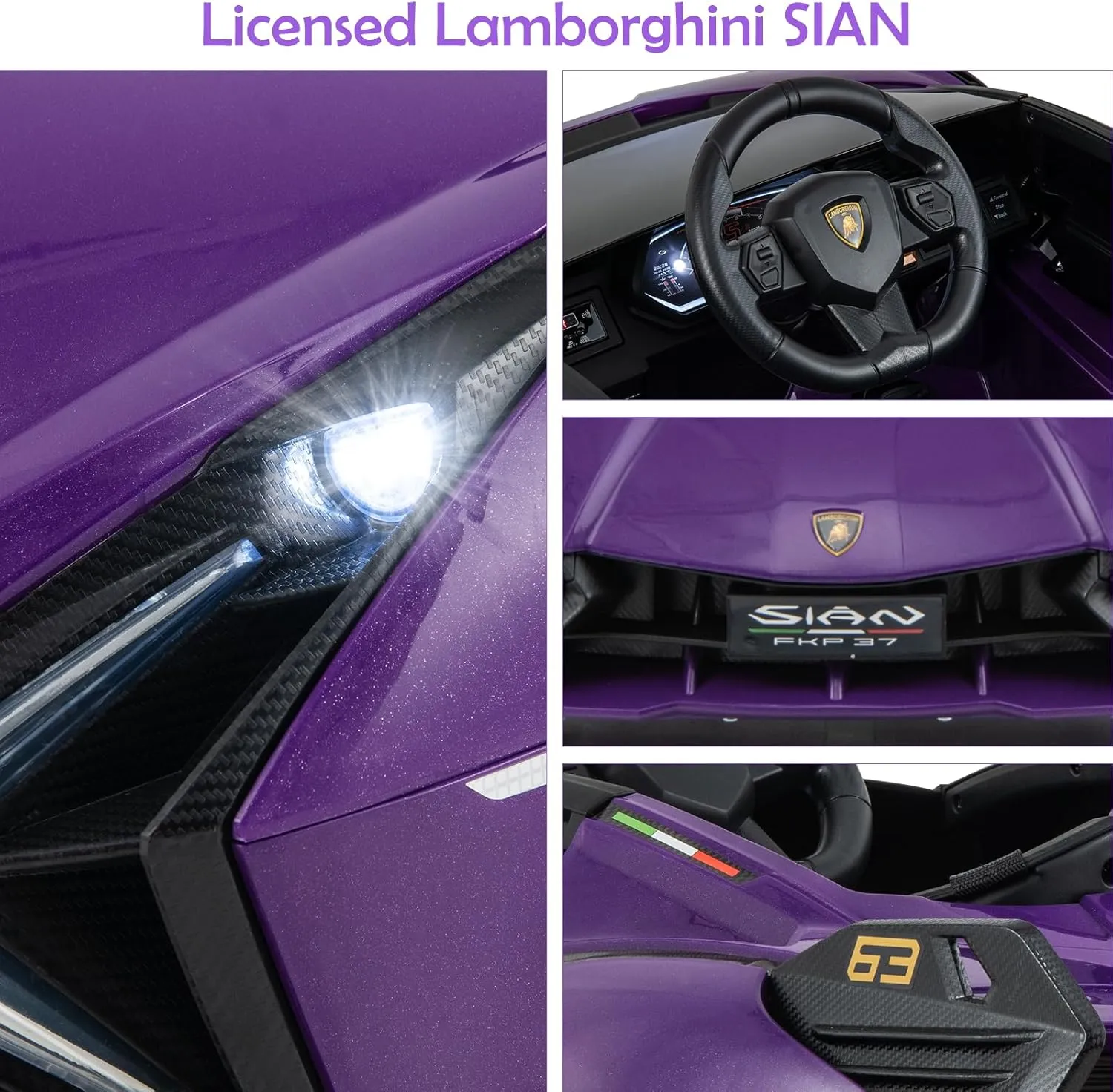 OLAKIDS Kids 12V Licensed Lamborghini SIAN Ride On Car, Electric Vehicle for Toddler with Control Remote, Battery Powered Toy with Music, Horn, 2 Speeds, Suspension, LED Lights, Bluetooth (Purple)