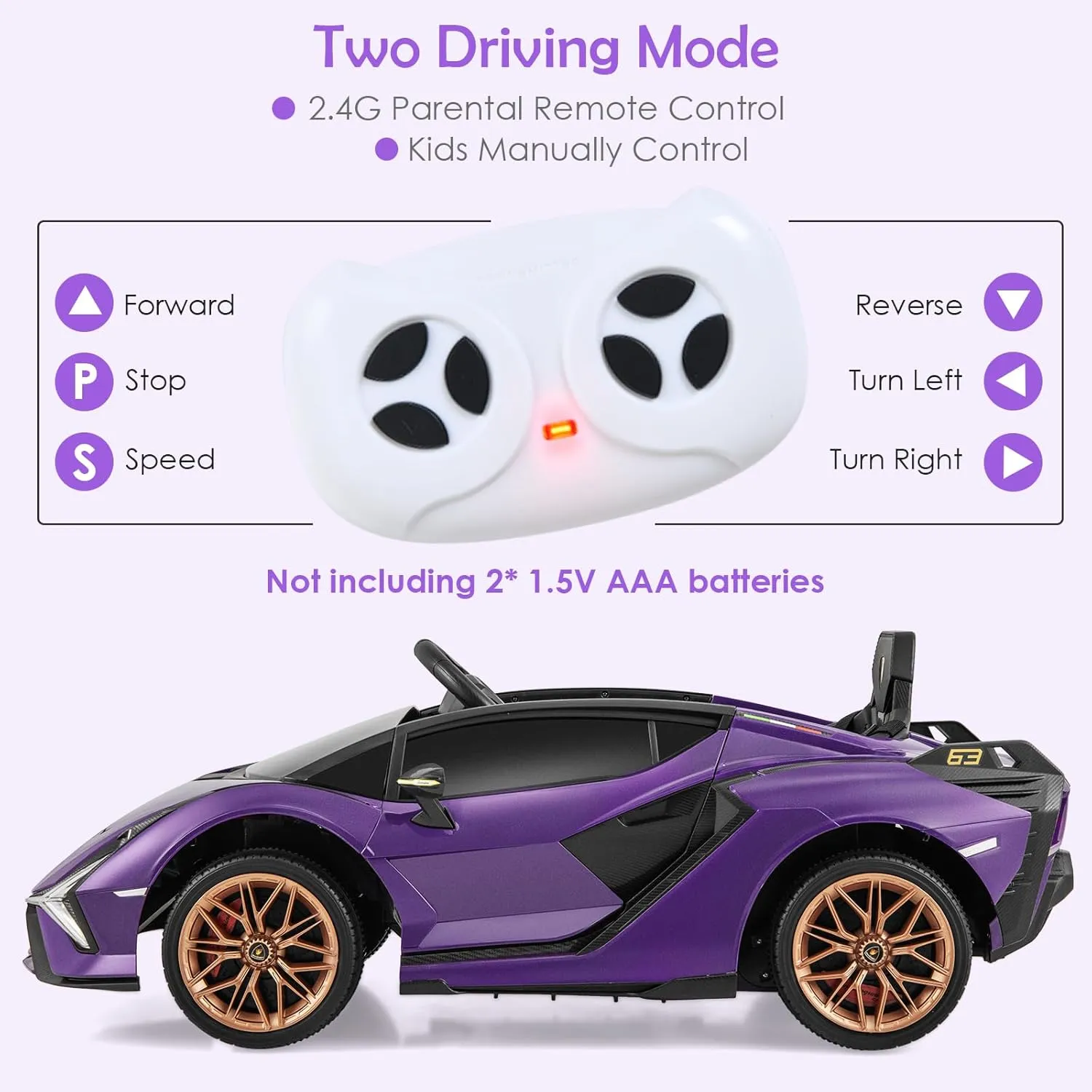 OLAKIDS Kids 12V Licensed Lamborghini SIAN Ride On Car, Electric Vehicle for Toddler with Control Remote, Battery Powered Toy with Music, Horn, 2 Speeds, Suspension, LED Lights, Bluetooth (Purple)