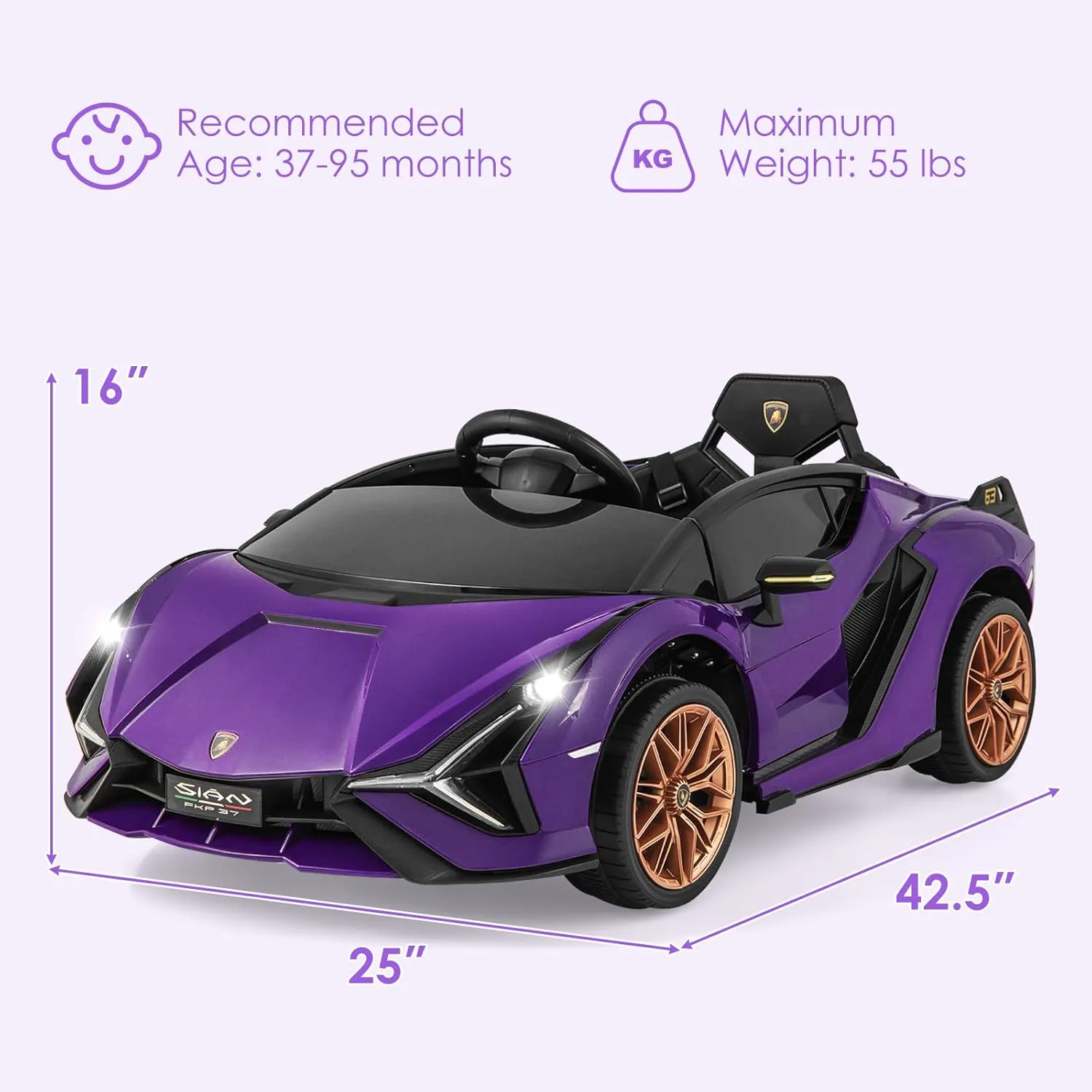 OLAKIDS Kids 12V Licensed Lamborghini SIAN Ride On Car, Electric Vehicle for Toddler with Control Remote, Battery Powered Toy with Music, Horn, 2 Speeds, Suspension, LED Lights, Bluetooth (Purple)