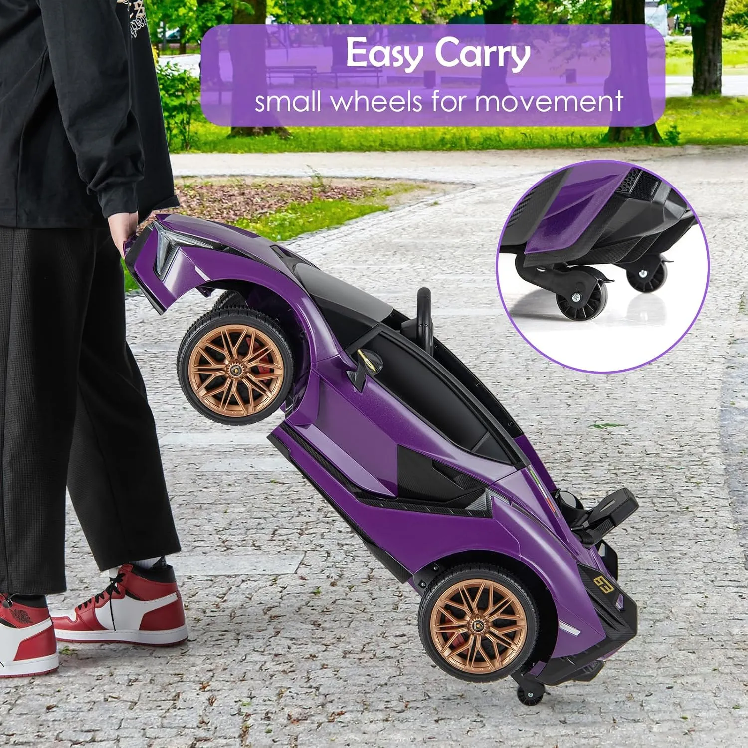 OLAKIDS Kids 12V Licensed Lamborghini SIAN Ride On Car, Electric Vehicle for Toddler with Control Remote, Battery Powered Toy with Music, Horn, 2 Speeds, Suspension, LED Lights, Bluetooth (Purple)