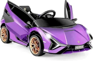 OLAKIDS Kids 12V Licensed Lamborghini SIAN Ride On Car, Electric Vehicle for Toddler with Control Remote, Battery Powered Toy with Music, Horn, 2 Speeds, Suspension, LED Lights, Bluetooth (Purple)
