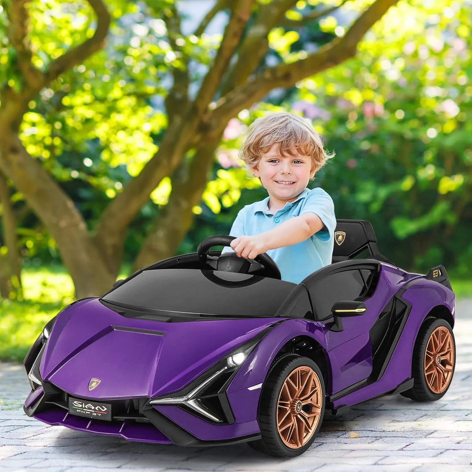 OLAKIDS Kids 12V Licensed Lamborghini SIAN Ride On Car, Electric Vehicle for Toddler with Control Remote, Battery Powered Toy with Music, Horn, 2 Speeds, Suspension, LED Lights, Bluetooth (Purple)