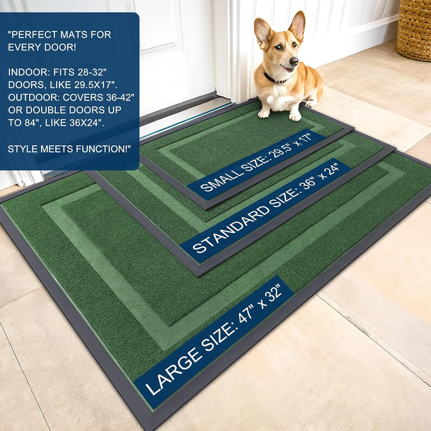 OLANLY Front Door Mat Indoor Outdoor Entrance, Waterproof All-Season, All-Weather Doormat, Sturdy Natural Rubber, Fade Resistant, Low Profile, Easy Clean Patio Porch Entryway Mat, 29.5x17, Green