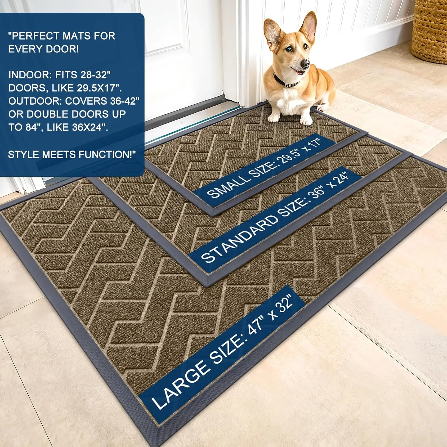 OLANLY Front Door Mat Indoor Outdoor Entrance, Waterproof All-Season, All-Weather Welcome Doormat, Sturdy Natural Rubber, Low Profile, Easy Clean Patio Porch Entryway Outside Floor Mat, 36x24, Brown