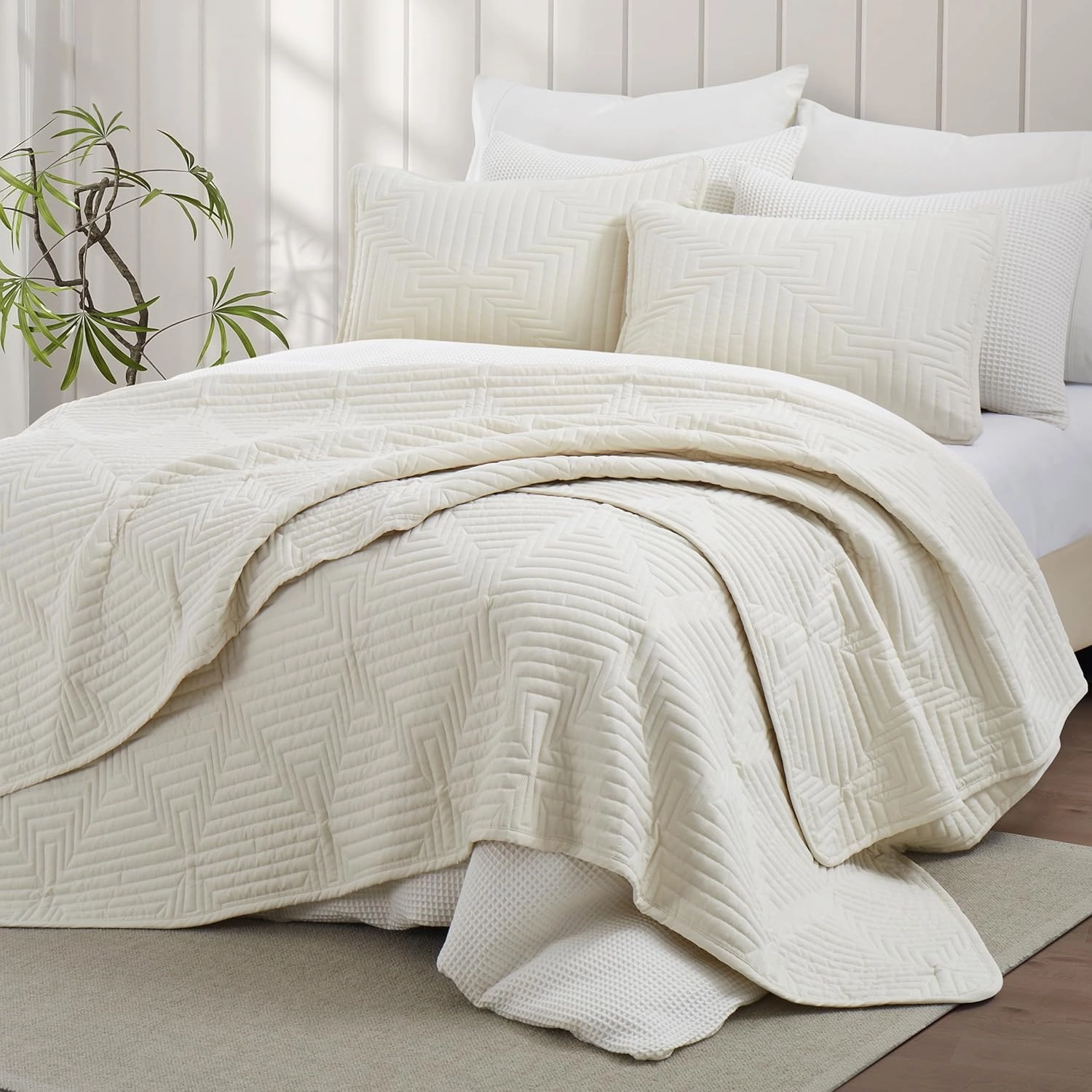 Oli Anderson Queen Size Quilts Comforter Sets with 2 Pillow Shams, Lightweight Bedspread Coverlet with Basket Weave Pattern, Quilted Blanket Thin Comforter Bed Cover Set for All Seasons, Beige