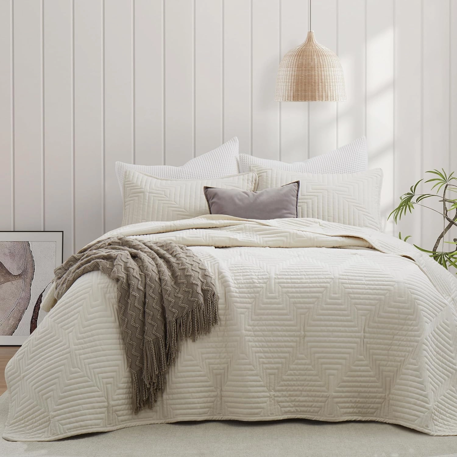 Oli Anderson Queen Size Quilts Comforter Sets with 2 Pillow Shams, Lightweight Bedspread Coverlet with Basket Weave Pattern, Quilted Blanket Thin Comforter Bed Cover Set for All Seasons, Beige