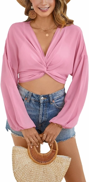 olrain Women Tie Front Beach Cove Up Chiffon Kimono Crop Top Swimming Bikini Bathing Long Sleeve Beach Shirt for Women