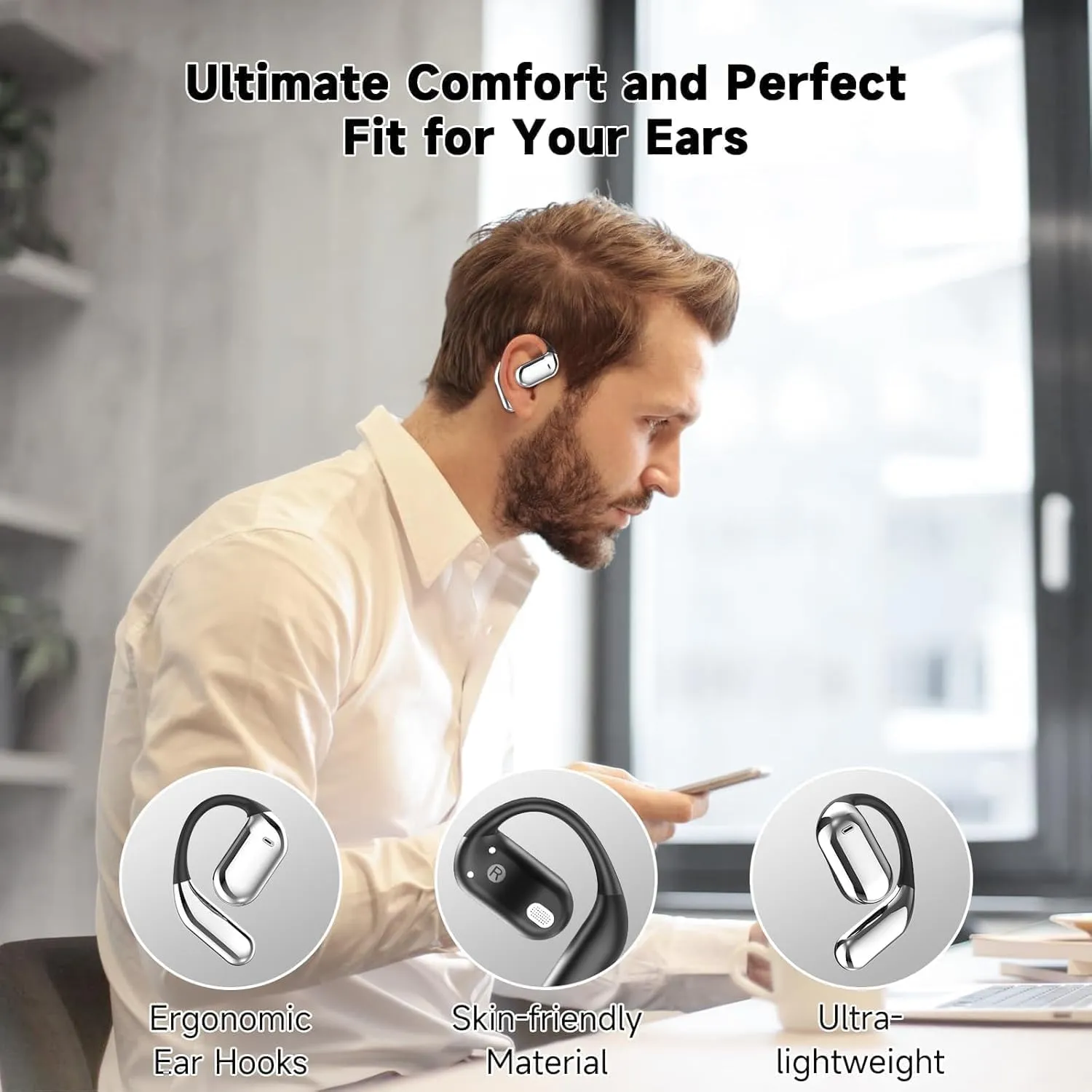 Open Ear Bone Conduction Headphones,Intelligent Touch Screen Bluetooth 5.4 Headphones, Over The Ear Earbuds with Earhooks Sport Headsets IPX7 Waterproof Earphones for Running Workout