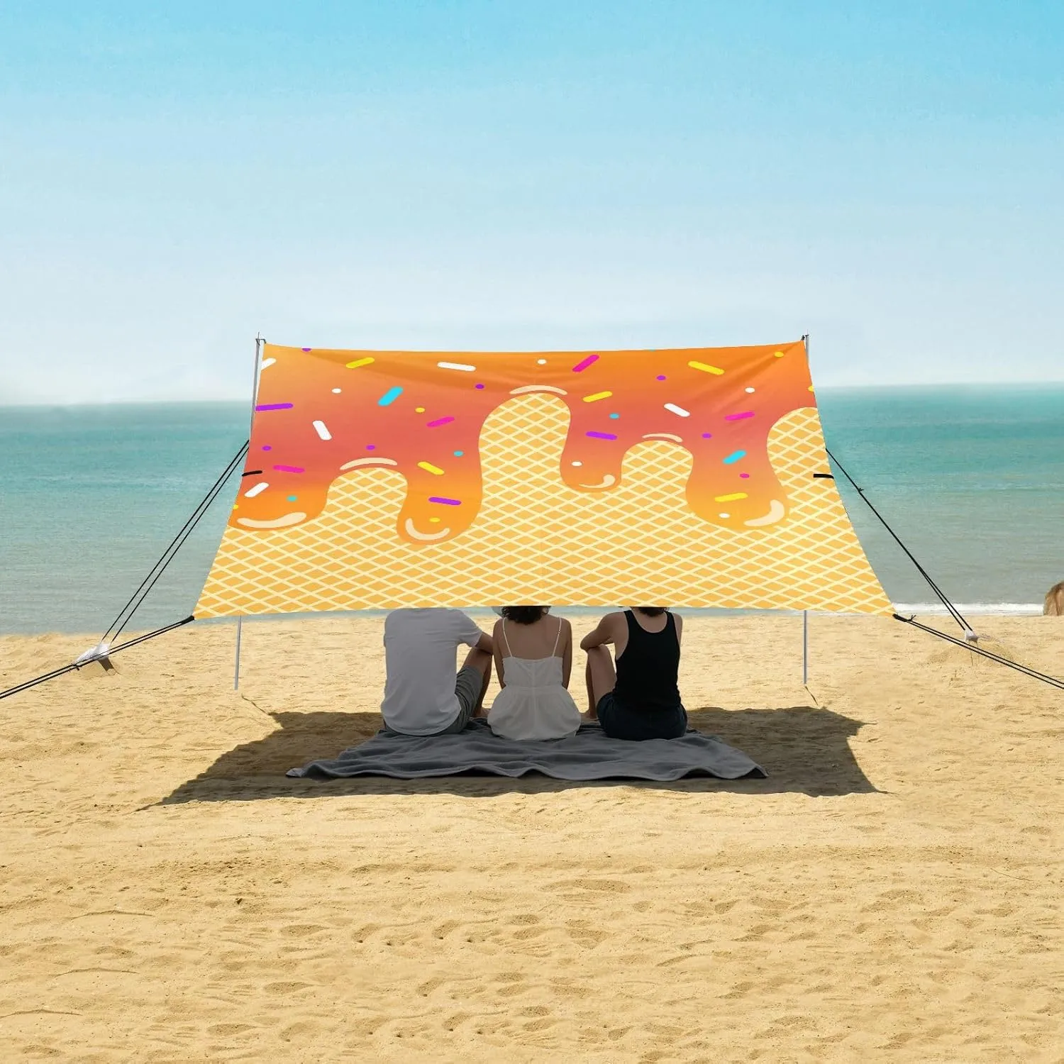Orange Gradient Color Ice Cream Beach Canopy Tent Anti-UV & Wind Resistant, Camping Sun Shelter Easy Setup Portable,Outdoor Shade Tents with Sandbags,Sand Shovels,Ground Pegs & Stability Poles