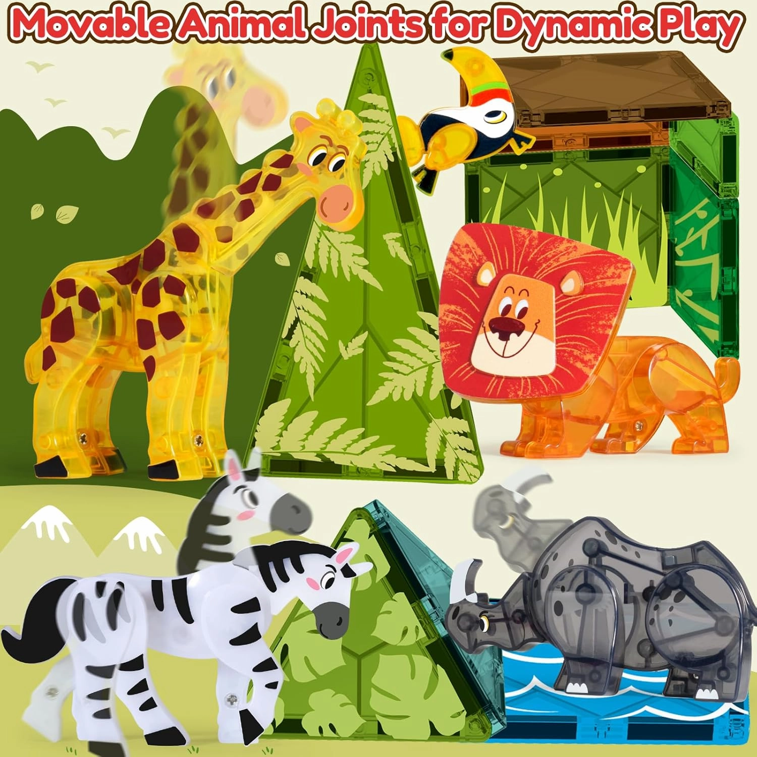 Oriate 3D Magnet Safari Animal Toys for Magnetic Tiles Blocks, 5pcs Magnetiles Animals for Kids, Movable Joint Zoo Animals Suitable Magnetic Building Magnet Tiles, Educational Construction Travel Toy