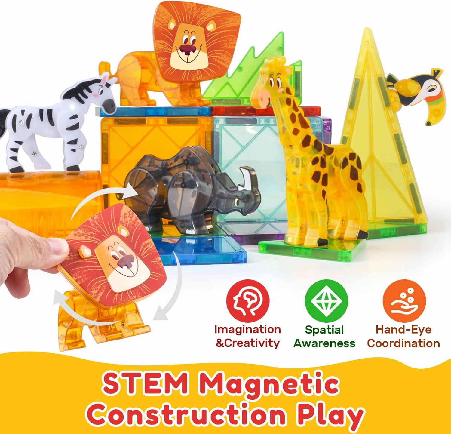 Oriate 3D Magnet Safari Animal Toys for Magnetic Tiles Blocks, 5pcs Magnetiles Animals for Kids, Movable Joint Zoo Animals Suitable Magnetic Building Magnet Tiles, Educational Construction Travel Toy