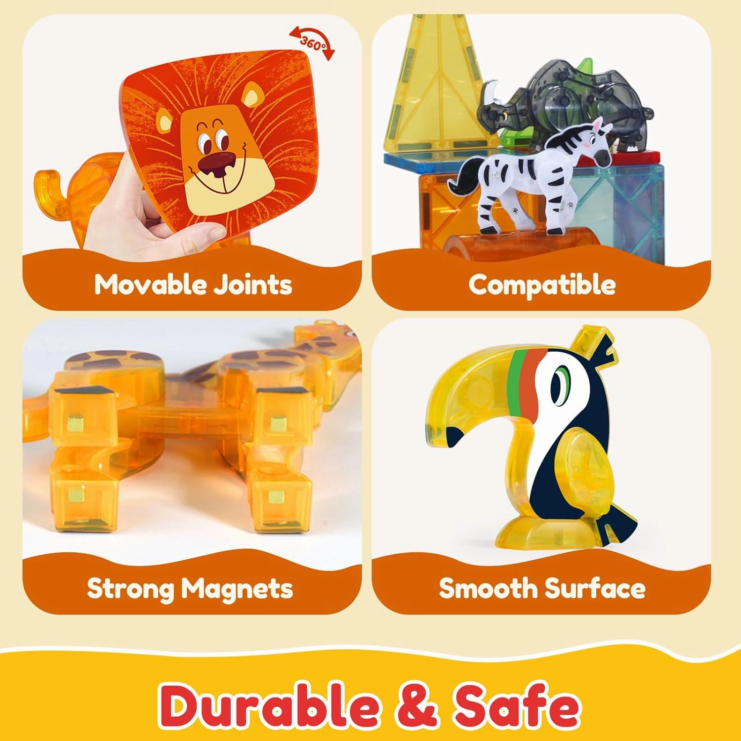 Oriate 3D Magnet Safari Animal Toys for Magnetic Tiles Blocks, 5pcs Magnetiles Animals for Kids, Movable Joint Zoo Animals Suitable Magnetic Building Magnet Tiles, Educational Construction Travel Toy