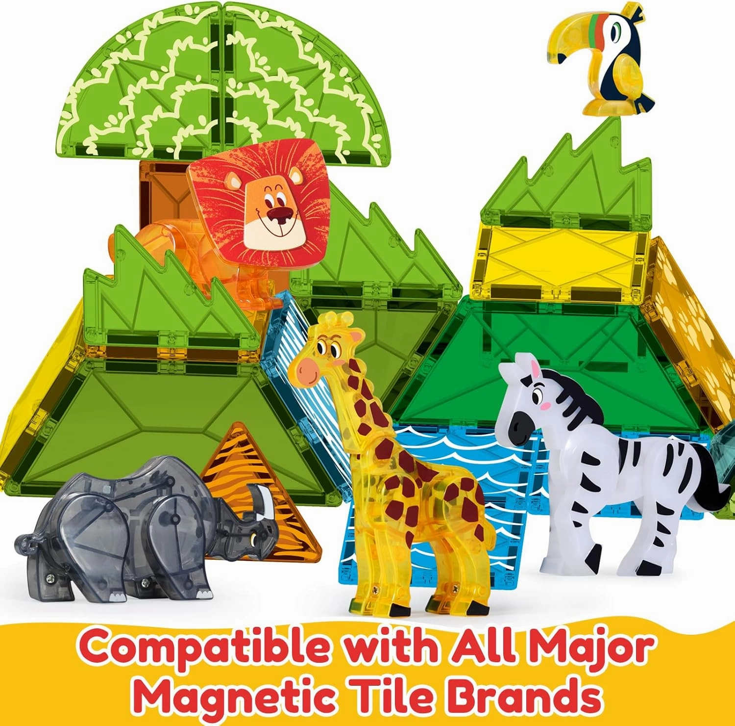 Oriate 3D Magnet Safari Animal Toys for Magnetic Tiles Blocks, 5pcs Magnetiles Animals for Kids, Movable Joint Zoo Animals Suitable Magnetic Building Magnet Tiles, Educational Construction Travel Toy